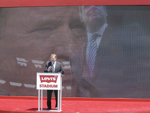NFL Commissioner Roger Goodell speaks on the opening day of Levi's Stadium Thursday, July 17, 2014, in Santa Clara, Calif. The San Francisco 49ers held a ribbon-cutting ceremony to officially open their new home. The $1.2 billion Levi's Stadium, which took only about 27 months to build, also will host the NFL Super Bowl in 2016 and other major events. (AP Photo/Eric Risberg)