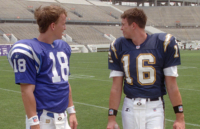 NFL FILE: Peyton Manning of the Indianapolis Colts and Ryan Leaf of the San Diego Chargers during the rookie photo shoot at the Citrus Bowl in Orlando, Florida. (Sportswire via AP Images)