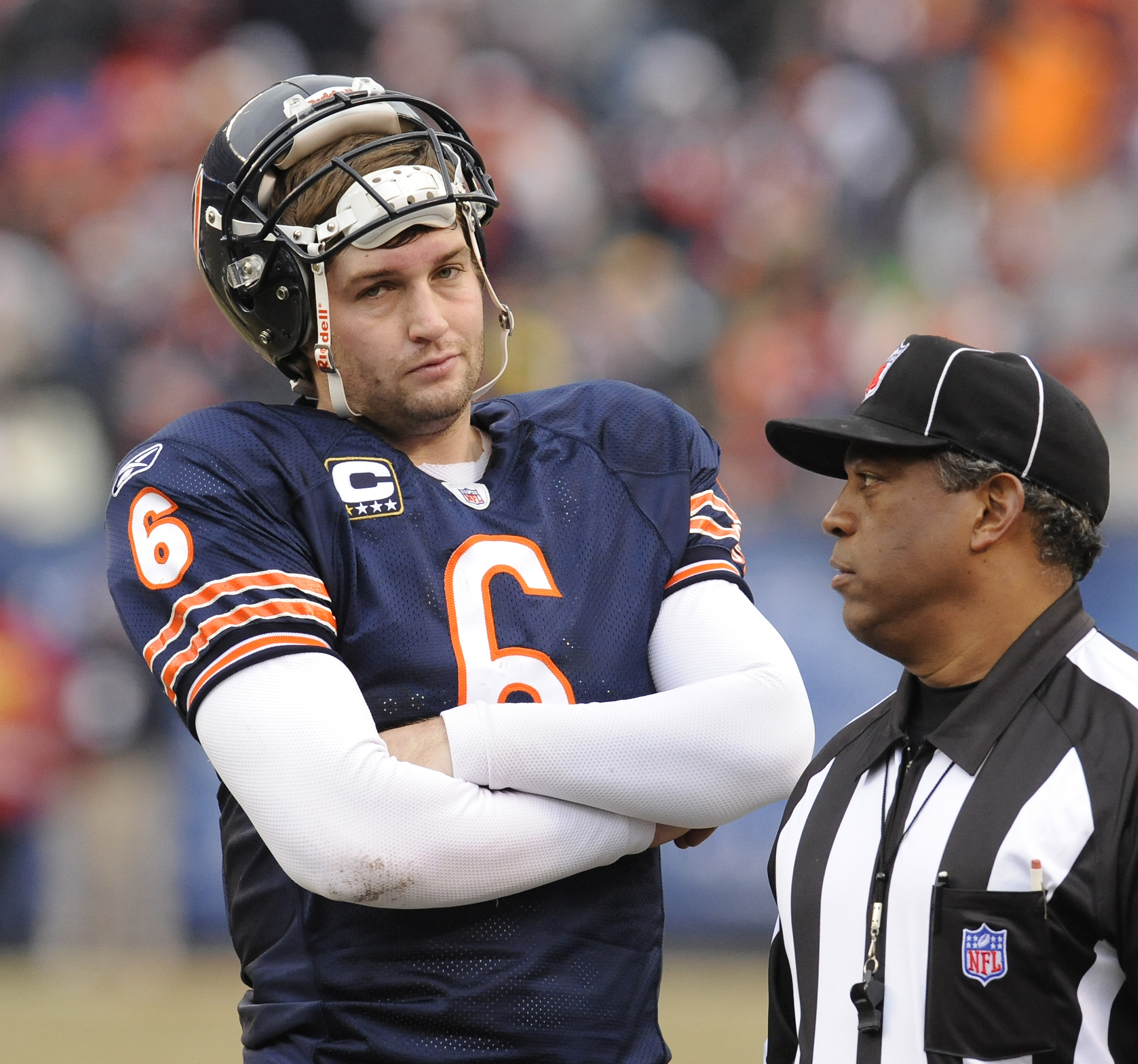 12-13-2009---Chicago Bears host the Green Bay Packers---Bears quarterback Jay Cutler waits for a challange call regarding a possible Bears TD in the 2nd quarter--Sun-Times photo by Tom Cruze